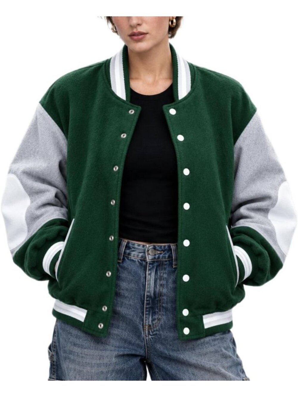 Trendy Green & White Wool Varsity Jacket - Preppy Letterman Style for Women